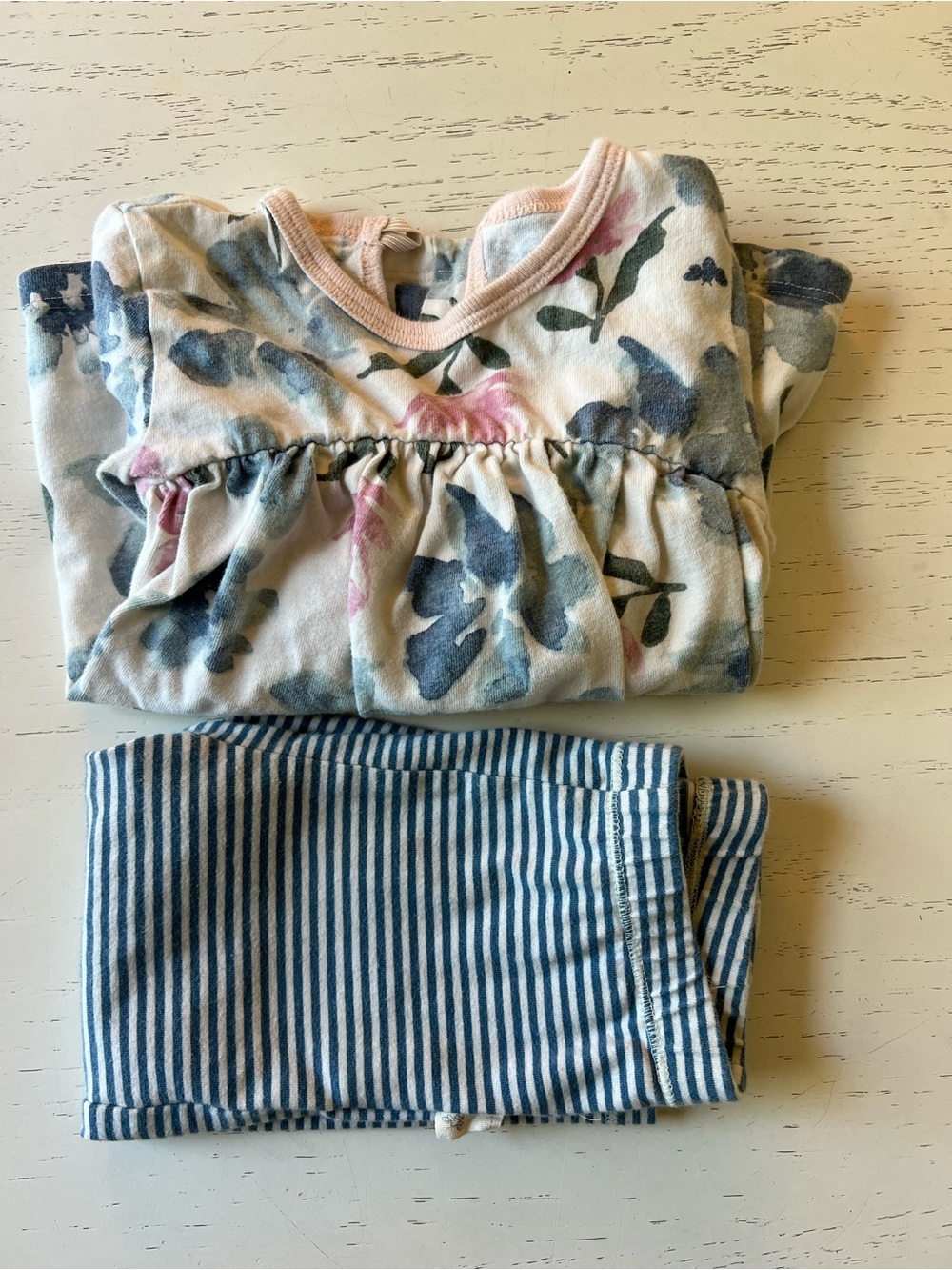 Burt's Bees Baby Girl Set- Floral Top with Blue Striped Pants - 6-9mo